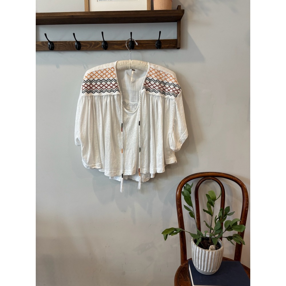 Free People White Embroidered Boho Gauze Blouse Tassel Tie Top OB1410879 Medium